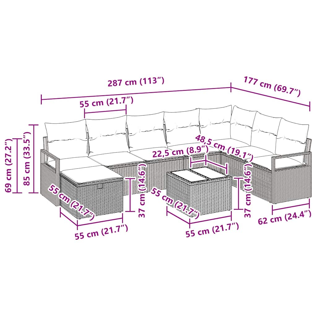 Garten-Sofa-Set 9 pcs Hellgrau 287 x 177 x 85 cm Poly Rattan
